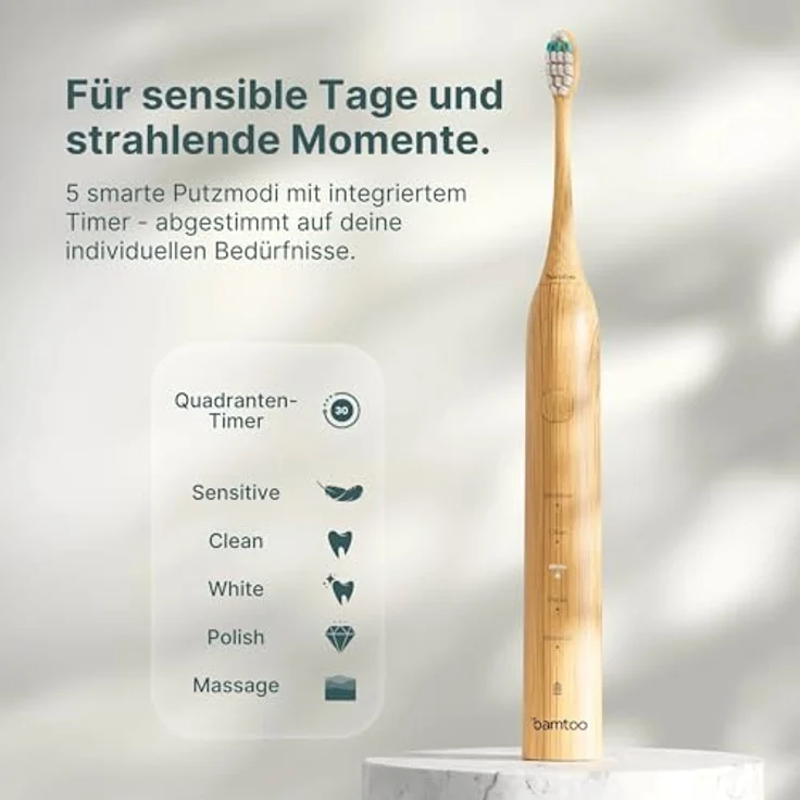 bamtoo Schallzahnbürste KOA V2 Pro, elektrische Zahnbürste mit 8 Wochen Akkulaufzeit, 5 Reinigungsmodi, Bambus-Bürstenkopf und Reiseetui – Bild 5