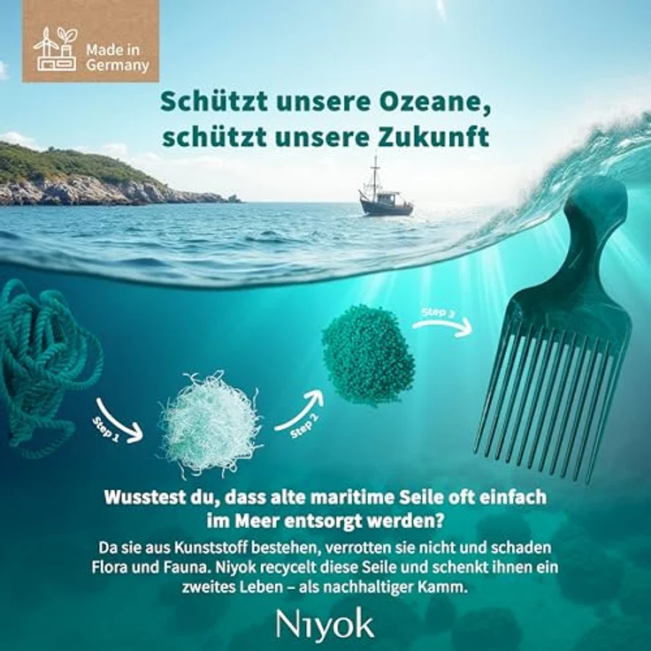 Niyok Afrokamm, 99% Recyclingkunststoff aus maritimen Seilen, stabil & schonend für lockiges und krauses Haar, Made in Germany – Bild 2