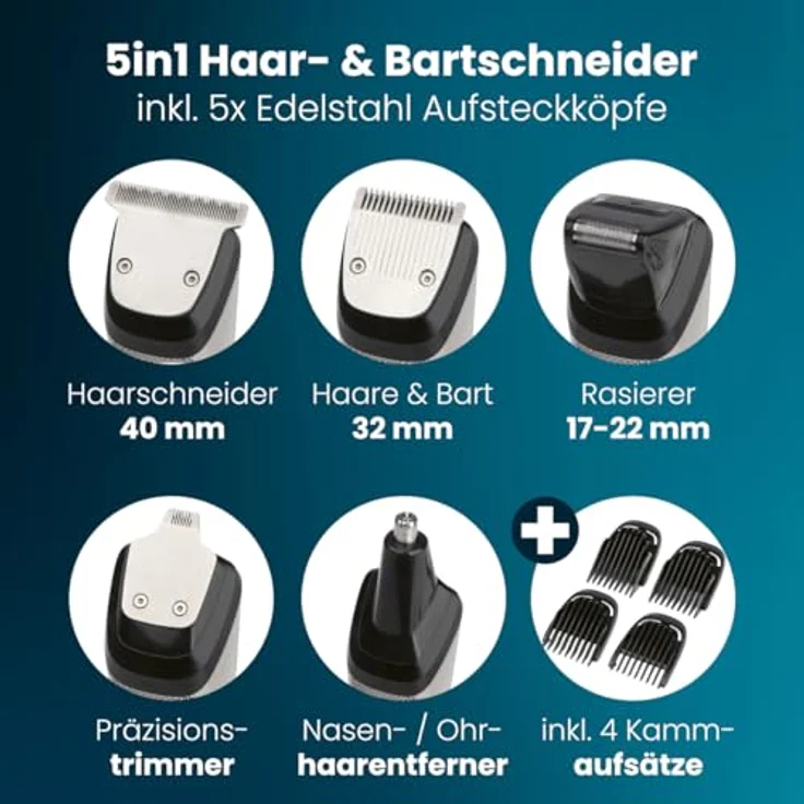 ProfiCare® Haarschneidemaschine PC HSMR 3143, 3-12mm Schnittlängen, 5 Edelstahl-Scherköpfe, bis zu 3 Std. Akkulaufzeit, inkl. Barttrimmer und Zubehör – Bild 2