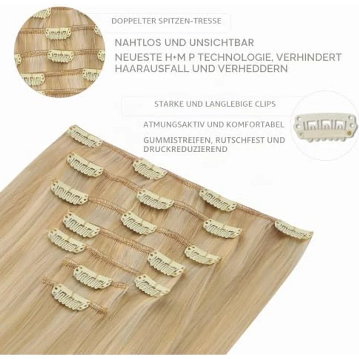 WENNALIFE Clip in Extensions Echthaar, 50cm 120g 7pcs Hellblond Highlights Goldblond, Remy Haarverlängerung mit silikonverstärkten Clips – Bild 3
