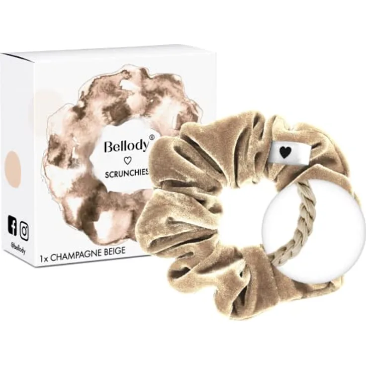 Bellody® Scrunchies Samt – Samtig weich, starker Halt, Velvet Look, exklusive Farben (1 Stück - Champagne Beige) - Haargummi Scrunchie in Beige