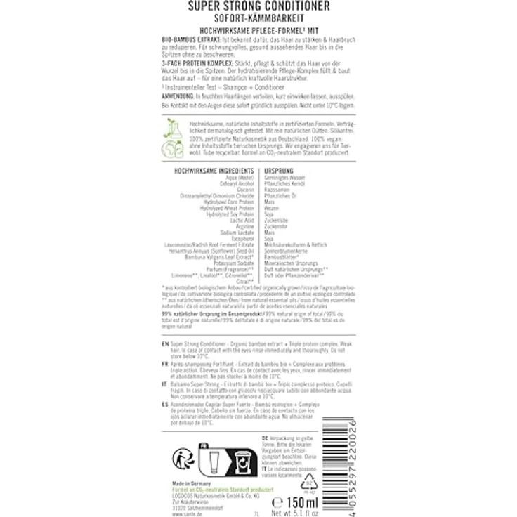 SANTE Naturkosmetik Super Strong Conditioner Bio-Bambus + 3-Fach Protein Komplex, vegane Haarspülung ohne Silikone, pflegt und stärkt kraftloses Haar, 150 ml – Bild 2