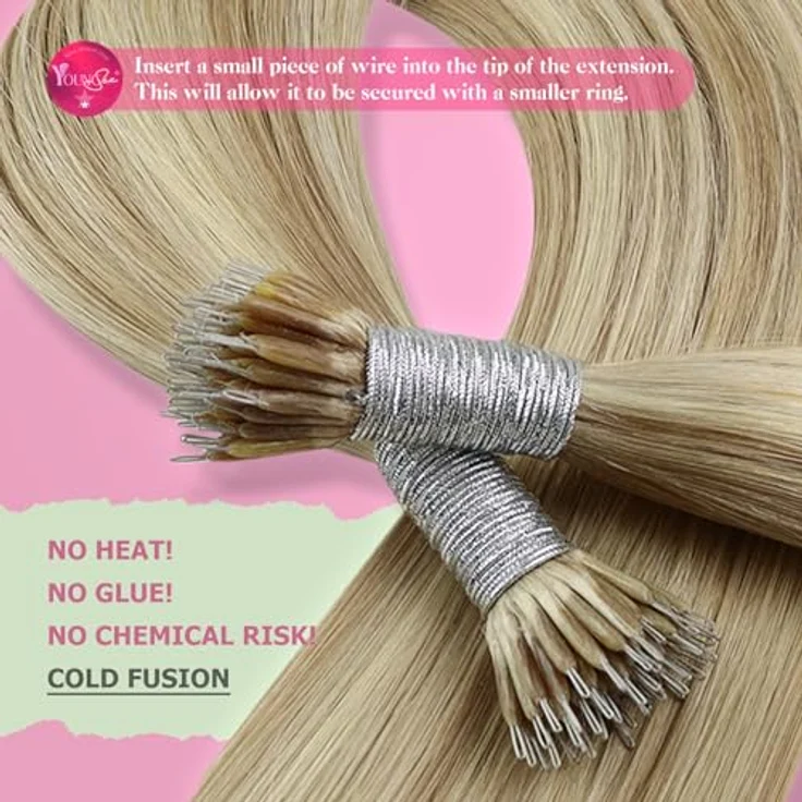 YoungSee Nano Extensions Echthaar, Bonding Extensions mit Aschblond und Platinblond Strähnen, 50 Strähnen/50g, langlebige Haarverlängerung für feines Haar – Bild 4