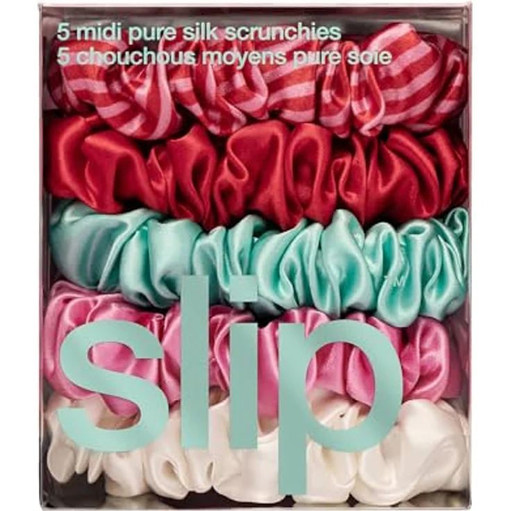 SLIP Midi Scrunchie Gelati Set, 5 Haargummis aus 100% Maulbeerseide in Sonnenuntergang, Gelati, Sonnenschutz, Bianca & Türkis, anti-falten, reduziert Haarbruch, sanft zum Haar – Bild 5