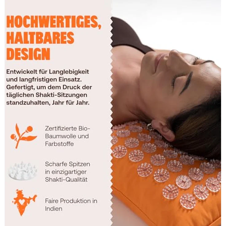 Shakti Mat Nacken-Massagekissen, Akupressurkissen für Schulter und Kopf, intensive Massage, BIO-Baumwolle, PREMIUM Orange – Bild 3