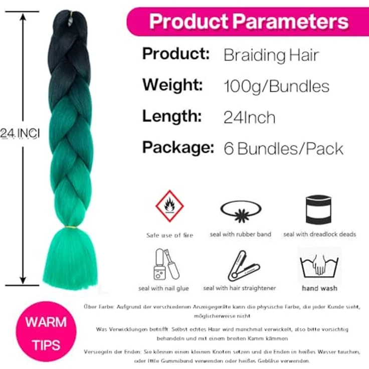 Shangxiu Box Braids Haarverlängerung, 24" (60 cm) grüne Kunsthaare aus hochwertiger, hitzebeständiger Faser, 6 Stück pro Paket – Bild 4