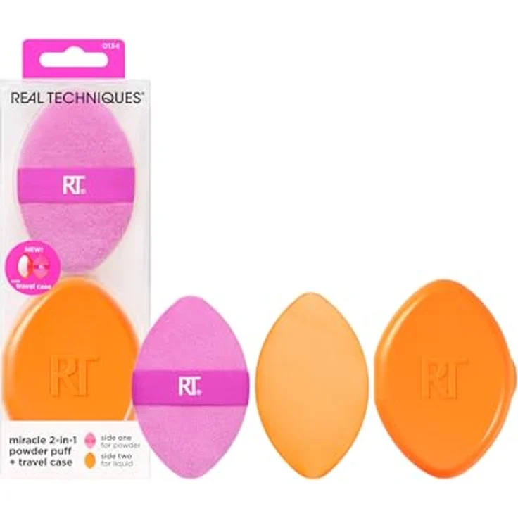 Real Techniques Miracle 2-in-1 Puderquaste+Reiseetui, doppelseitiger Puff zum Mischen von Make-up, Gummiband, Präzisions-Make-up-Schwamm und Puderquaste, für Flüssigkeiten,2 Stück – Bild 2