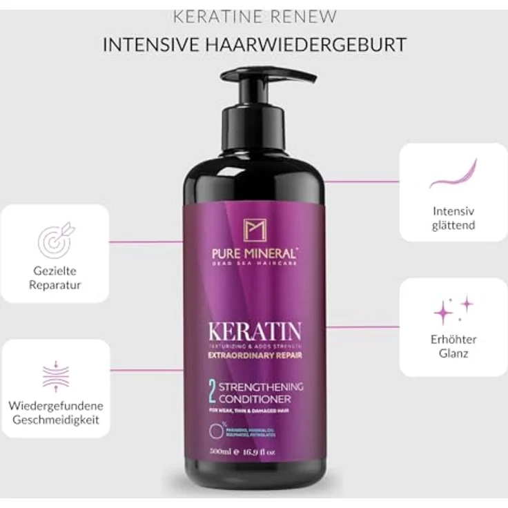 M PURE MINERAL DEAD SEA COSMETICS Pure Mineral Keratin-Conditioner für weiches und starkes Haar, 500ml, entwirrend, nährend, Anti-Frizz, ohne Sulfate, Parabene, Petrolate – Bild 2