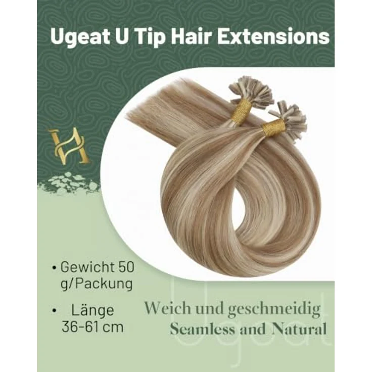 Ugeat Bonding Extensions Echthaar Goldbraun Blond, 35 cm, 50 Strähnen, U Tip Keratinbonds, nahtlos und hitzebeständig bis 180 °C, #10/613 – Bild 3