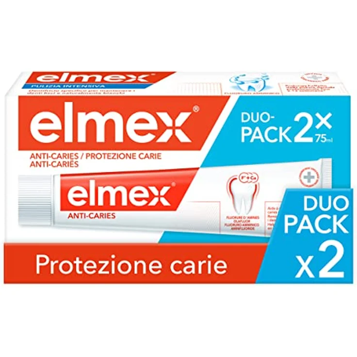 elmex Zahnpasta Carie-Schutz, Reminiralisiert und schützt die Zähne effektiv vor Karies, Antitikarien-Zahnpasta mit Aminofluorid, 2 x 75 ml – Bild 1