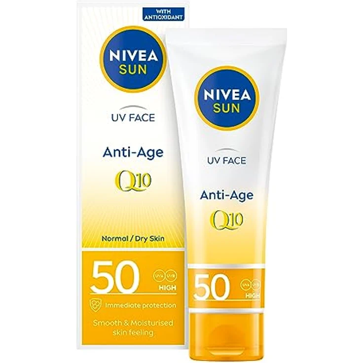 NIVEA UV Face SPF50 Q10 Anti-Age, 0% weiße Rückstände (50 ml), Q10 Sonnencreme für das Gesicht, UV-Gesichtscreme, Anti-Aging-Creme mit SPF50, Verpackung kann variieren – Bild 1