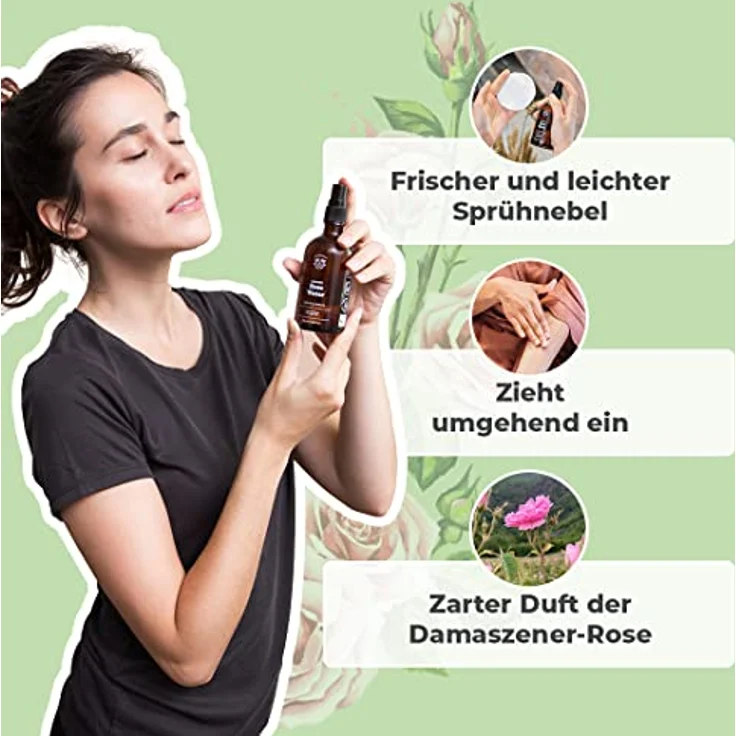 Bionoble Rosenwasser Bio 100ml - Hydrolat aus Damaszener-Rosen 100% Rein und Natürlich - Gesicht, Augenpartie, Körper, Haare - Rose Water - Glasflasche + Spray – Bild 3