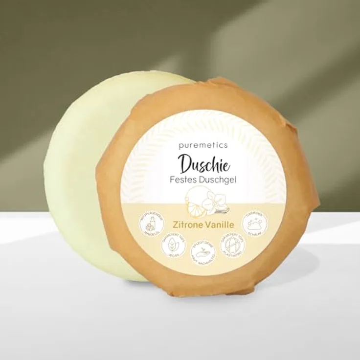 puremetics Duschie ‘Zitrone Vanille‘ | Festes, nährendes Hydra-Duschgel mit Mandelöl und Rosenblütenhydrolat | 1 Stück 60 g