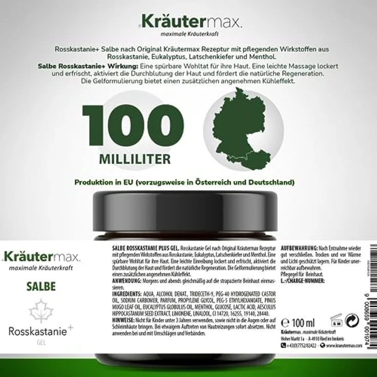 Kräutermax Rosskastanie Salbe Gel Hochdosiert Extrakt Beine Kühlen 100 ml, natürliche Pflege mit Rosskastanien Öl, Eukalyptus und Menthol – Bild 2