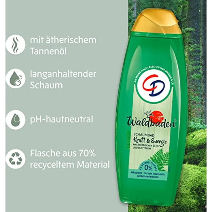 CD Waldbaden Kraft Energie Schaumbad mit ätherischen Ölen von Tanne Farnen Entspannungsbad Blattgrün Flasche aus recyceltem Plastik veganer Badeschaum, Grün, holzig, 500 ml - Preisvergleich – Bild 4