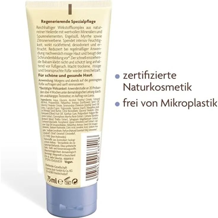 Luvos Heilerde Fußcreme Intensivpflege Hornhautcreme 75 ml, Vegan & Natürliche Aktivstoffe, für trockene Füße – Bild 3