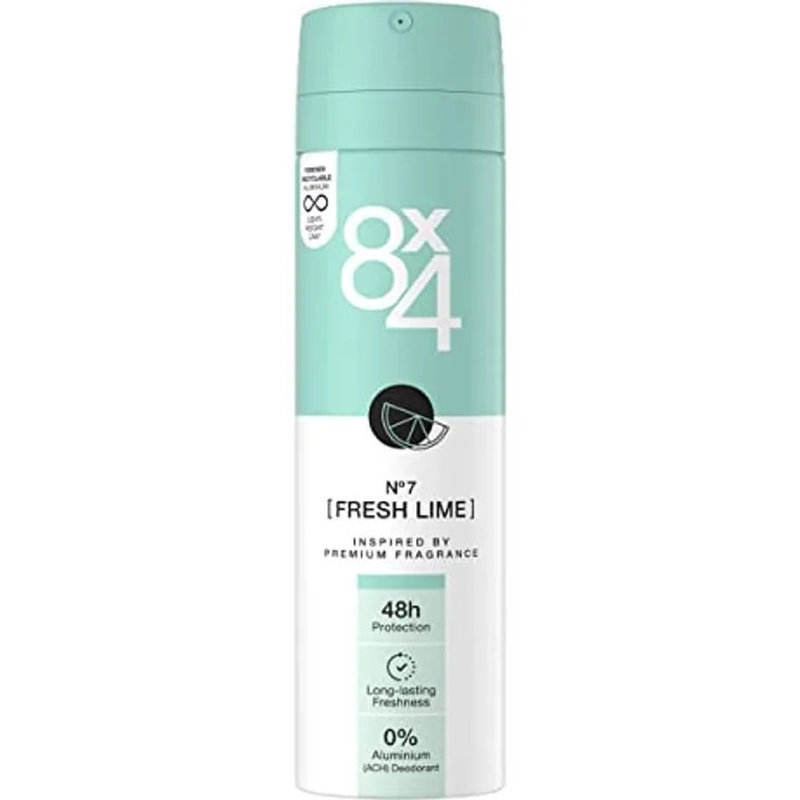 8X4 N°7 Fresh Lime Deospray (150 ml), frisch-fruchtiger Duft, Deo ohne Aluminium (ACH), Deodorant mit 48h Schutz für jeden Hauttyp