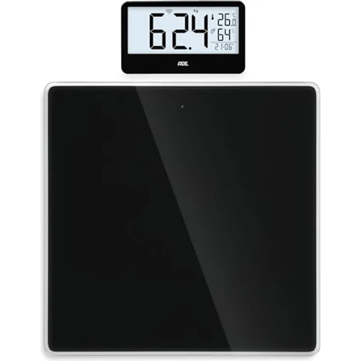 ADE Digitale Personenwaage Ronja mit Funk-Display bis 180 kg, ablesbar auf Augenhöhe, ideal für Senioren, mit Baduhr, Hygrometer und Innenthermometer, schwarz