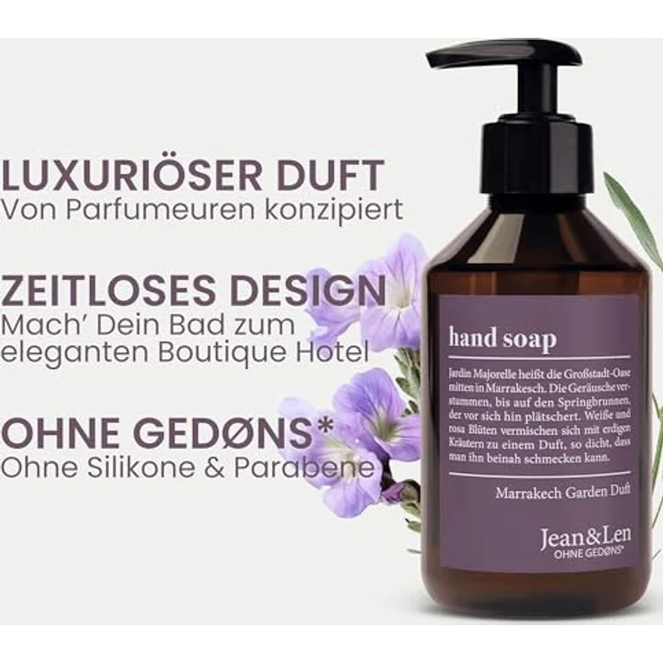 Jean & Len Handseife Marrakech Garden, 250 ml Flüssigseife im Pumpspender, warmer und beruhigender Duft, vegan, für beanspruchte Hände – Bild 2
