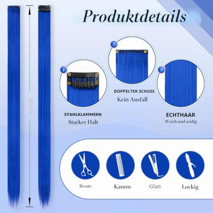 FESHFEN Farbige Haarverlängerung, 10 PCS Königsblau Clip-In Haarteil, Synthetik, 55cm, hitzebeständig und ohne chemische Farbstoffe – Bild 4