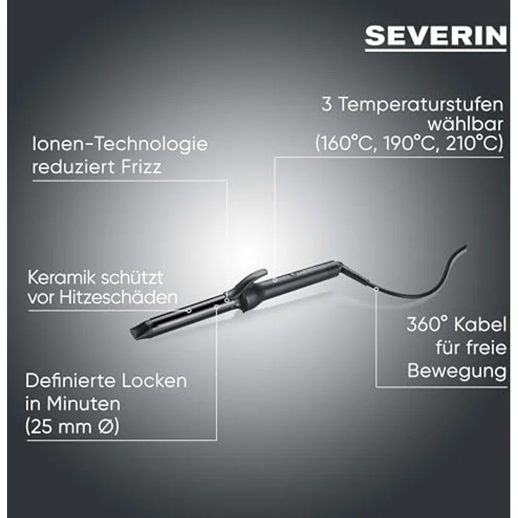 Severin Lockenstab LS 0822, 25mm mit Keramikbeschichtung, Ionen-Technologie, drei Temperaturstufen (160°C, 190°C, 210°C), schnelles Aufheizen, schwarz – Bild 2