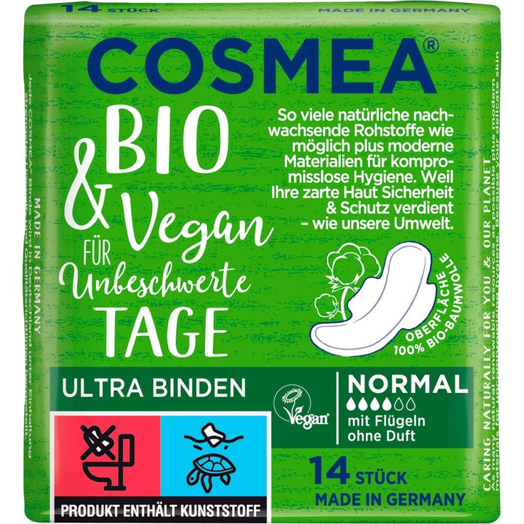 Cosmea Bio & Vegan Ultra Binden Normal mit Flügeln, 14 Stück – hautfreundlich, umweltbewusst, zertifizierte Bio-Qualität