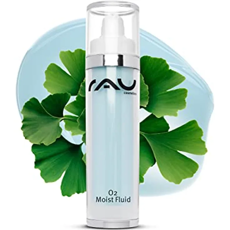 RAU Cosmetics Ginkgo Feuchigkeitscreme - O2 Moist Fluid 50 ml - Creme gegen Pigmentflecken, Fahle Haut, Anti-Aging mit Hyaluronsäure - Gesichtscreme für trockene Haut
