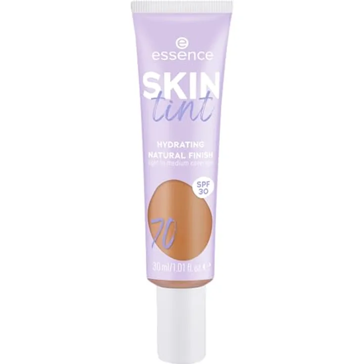 essence SKIN tint, Make-up, Nr. 70, Braun, feuchtigkeitsspendend, natürlich, vegan, ölfrei, UVA- und UVB-Filter + SPF 30, ohne Parfüm, 1er Pack (30ml)