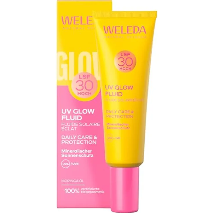 WELEDA Bio Glowy UV Fluid LSF 30, Naturkosmetik Sonnenschutz für Gesicht mit Moringaöl, 24h Feuchtigkeit, natürlicher Glow, vegan, 30ml