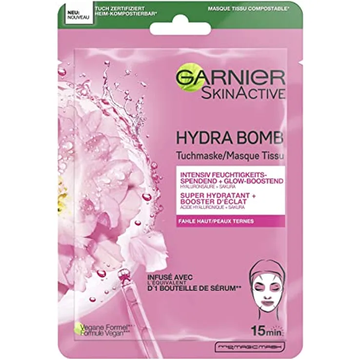 Garnier Tuchmaske, Gesichtsmaske für fahle Haut, Glow-boostend und feuchtigkeitsspendend, Mit Hyaluronsäure und Sakura, Hydra Bomb, 28 g