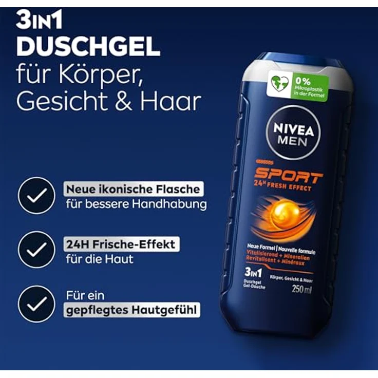 NIVEA MEN Sport Duschgel, pH-hautneutrale Pflegedusche mit vitalisierendem Duft, erfrischende Formel mit Mineralien für Körper, Gesicht und Haar, 250 ml – Bild 2