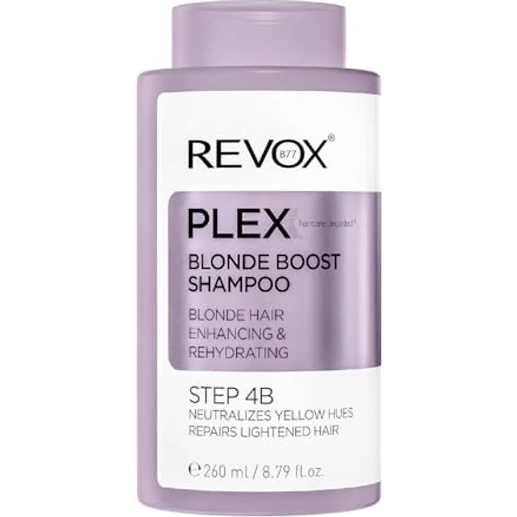 REVOX B77 Plex Blonde Boost Shampoo Step 4B, violettes Toning-Shampoo, neutralisiert Gelbtöne, reinigt sanft, stärkt und hydratisiert coloriertes, trockenes Haar, 260 ml