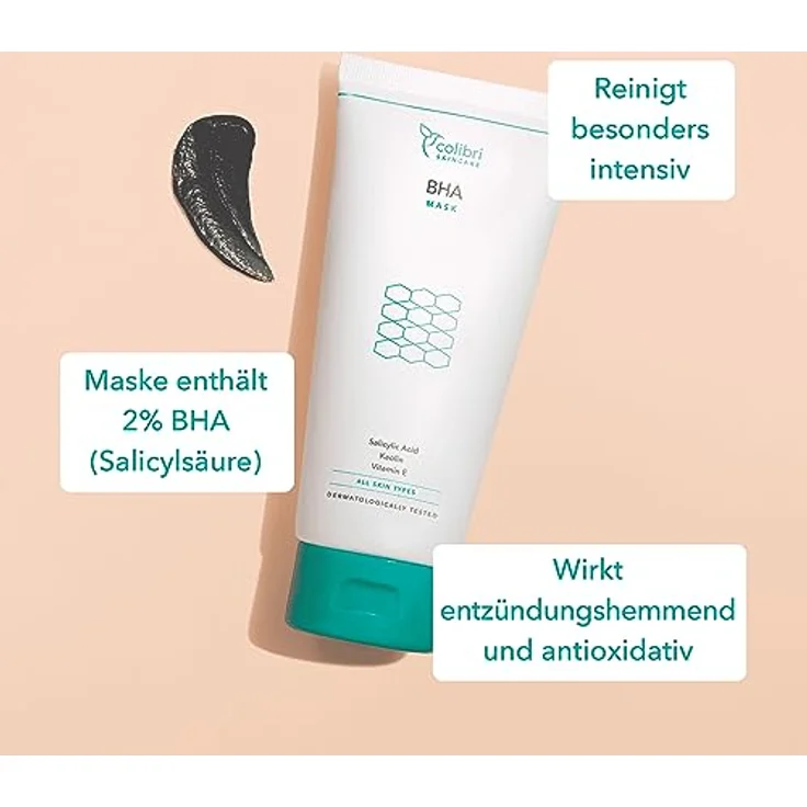 colibri skincare BHA Mask 150 ml - Aktivkohle Gesichtsmaske mit 2% BHA Salicylsäure - reinigt und verkleinert Poren - gegen Mitesser mit Totes-Meer-Salz - vegan - Made in Germany – Bild 2