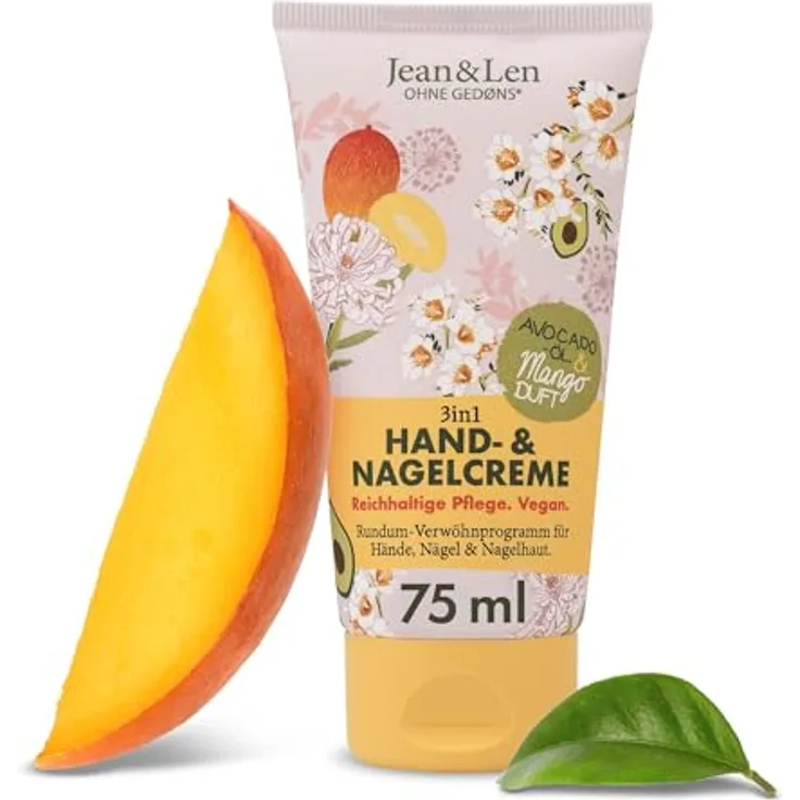 Jean & Len Hand- & Nagelcreme Mango & Avocado, vegane Pflegeformel mit Shea- und Kakaobutter, fruchtiger Mango-Duft, 75 ml