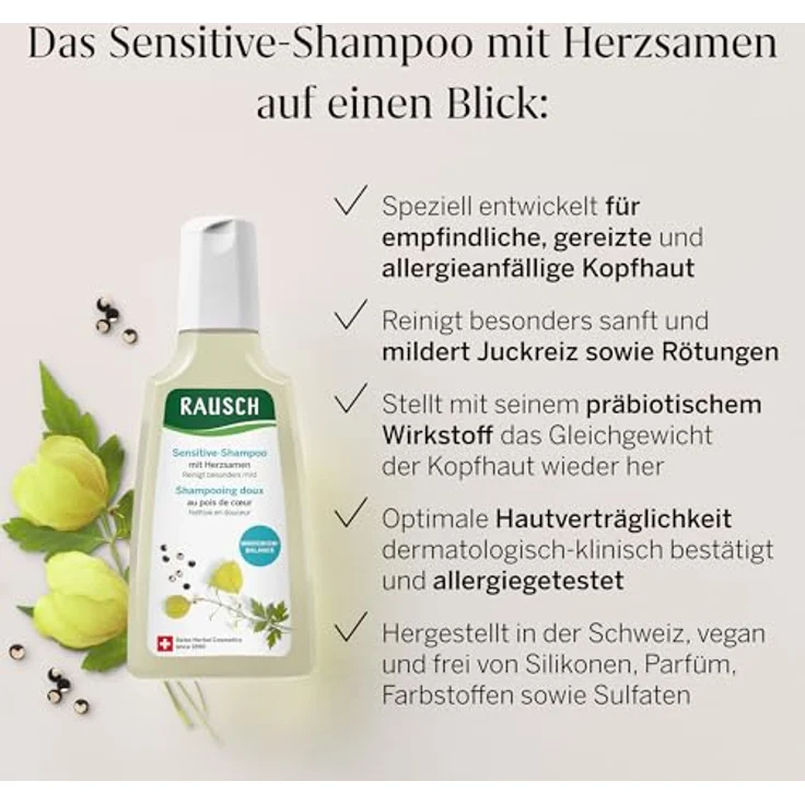 RAUSCH Sensitive-Shampoo mit Herzsamen 200ml – veganes, silikonfreies Shampoo für empfindliche Kopfhaut, hergestellt in der Schweiz – Bild 3