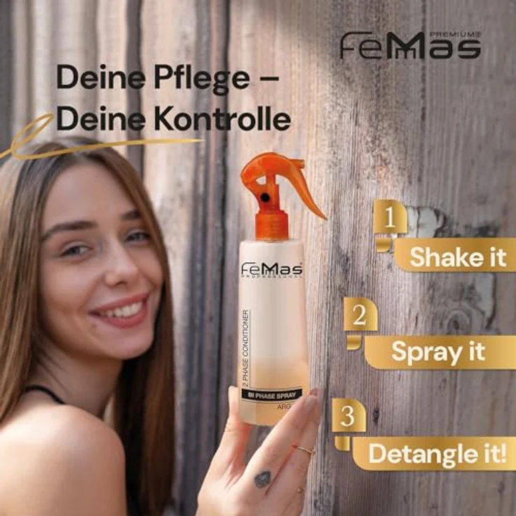 FemMas Bi-Phase Arganöl Leave In Conditioner Sprühkur 320ml, 2-Phasen Feuchtigkeitsspray für gefärbte und aufgehellte Haare, Anti-Frizz Detangler Haarpflege-Spray ohne Ausspülen – Bild 5