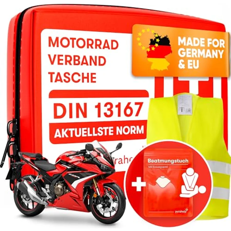 PURAHELP Motorrad Verbandskasten 2024 Mini Klein - StVO konform, inkl. Warnweste & Beatmungstuch – Bild 1