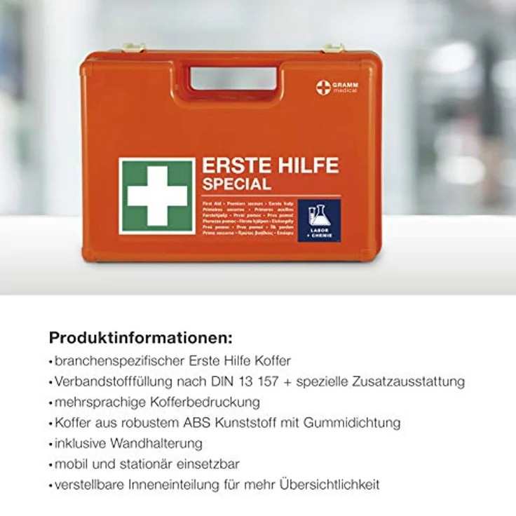 ACTIOMEDIC Erste-Hilfe-Kasten SPECIAL LABOR & CHEMIE, DIN 13157:2021, orange, Notfallkoffer mit Wandhalterung und mehrsprachiger Beschriftung, 42 x 33 x 15 cm – Bild 4