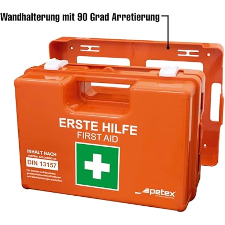 Petex Erste-Hilfe-Koffer Profi DIN 13157, Kunststoffkoffer mit Tragegriff, 280 x 115 x 200 mm, orange, wassergeschützt – Bild 8