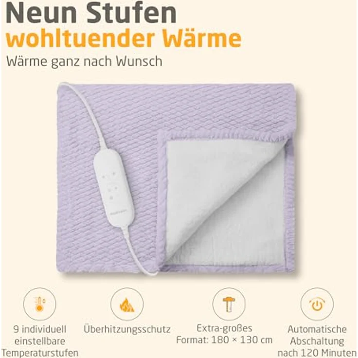 Medisana HB 418, Heizdecke in zartlila, 180 x 130 cm, 120 Watt Leistung, für gemütliche Wärme – Bild 2