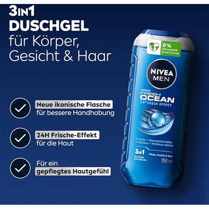 NIVEA MEN Fresh Ocean Duschgel, revitalisierende Pflegedusche mit maritimem Duft, 250 ml, mit Meeresmineralien für Körper, Gesicht und Haar – Bild 2