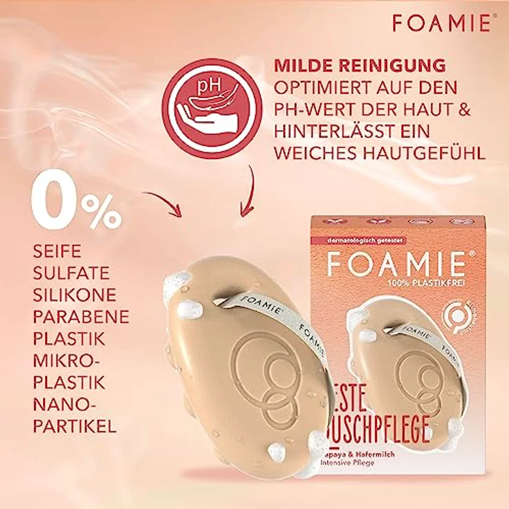 Foamie Festes Duschgel mit Papaya & Hafermilch, Duschpflege Massage-Effekt für eine Intensive Pflege, Feste Dusche 100% Vegan, Plastikfrei, Silikonfrei, 80g – Bild 3