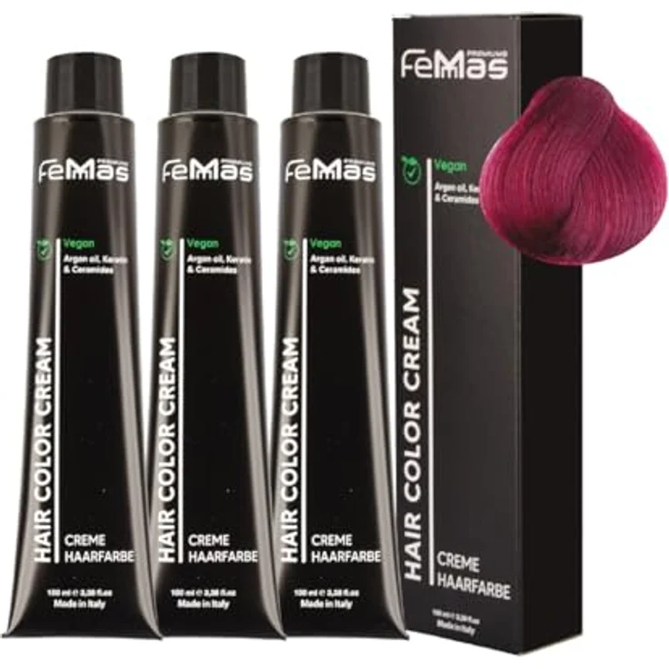FemMas Haarfarbe 3x Pure & Mix Rotviolett, Creme-Haarfarbe mit Arganöl, Keratin & Ceramiden, dauerhafte Färbung für strahlende Farbergebnisse, 100 ml – Bild 1