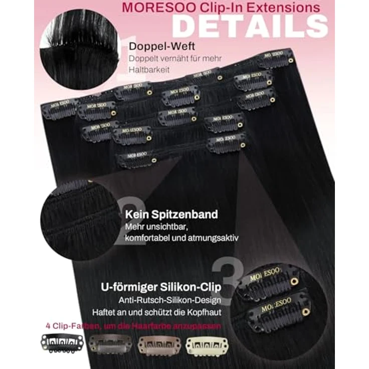 Moresoo Clip in Extensions Echthaar Schwarz, 100% Remy Haarverlängerung, doppelt Tressen, 70g, 35 cm, pechschwarz #1 – Bild 4