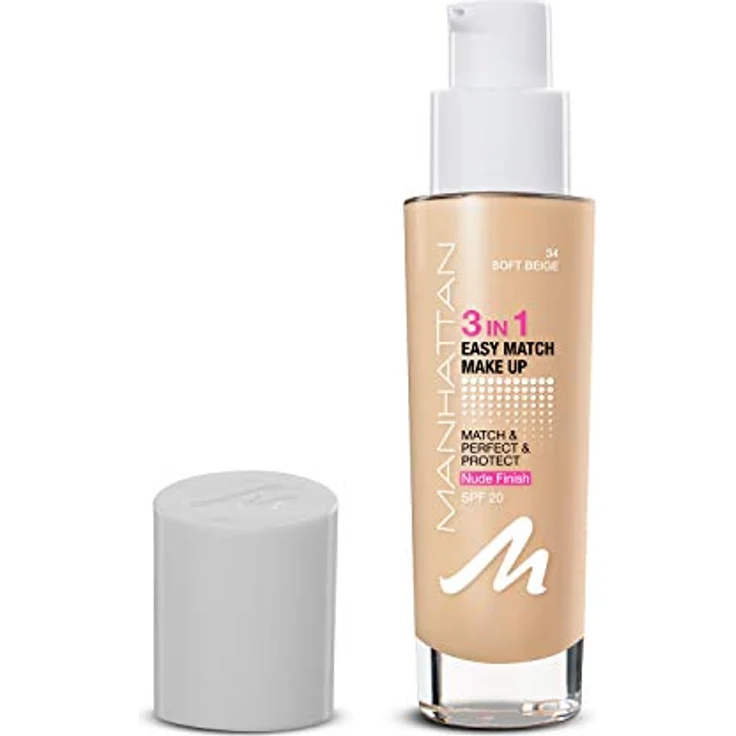 Manhattan 3in1 Easy Match Make-up, Flüssig Foundation für helle Haut mit LSF 20, Farbe Soft Beige 34, 1 x 30ml – Bild 1