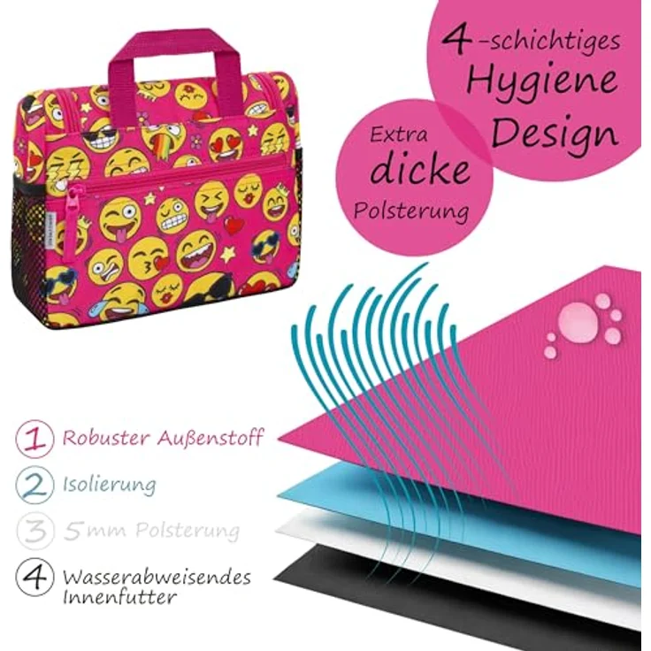 GRINSEZWERGE Kulturtasche für Kinder und Erwachsene, Reise Kulturbeutel mit 12 Motiven, 25 x 20 x 8 cm, zum Aufhängen, mit Metallhaken und herausnehmbarem Spiegel – Bild 5