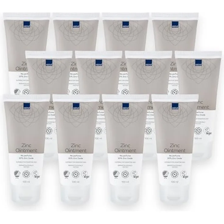 ABENA Zinksalbe 100ml, 12 PACK, Schutzcreme mit 20% Zinkoxid, beruhigend & schnell einziehend, Frei von Duftstoffen, Dermatologisch getestet