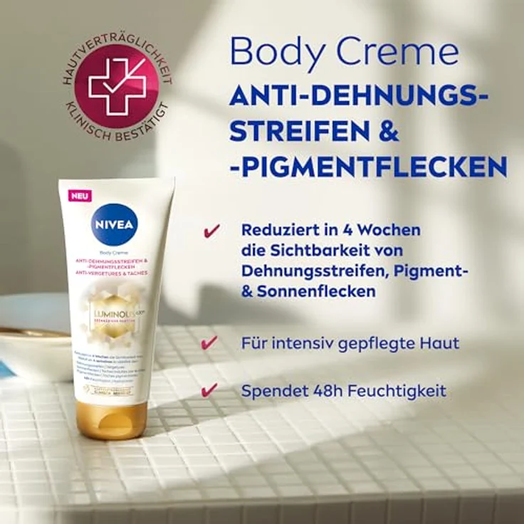 NIVEA LUMINOUS630® Body Creme Anti-Dehnungsstreifen & -Pigmentflecken, Bodylotion gleicht Unterschiede im Hautton aus, leichte Textur und spendet 48h Feuchtigkeit (200 ml) – Bild 2