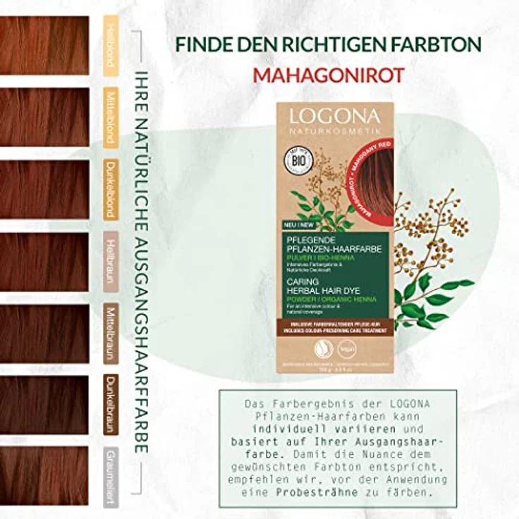 LOGONA Naturkosmetik Pflegende pflanzliche Haarfarbe, Veganes Haarfarbe-Pulver mit Bio-Henna für intensive Farbe und Glanz, Pflanzenhaarfarbe in Mahagonirot (Rot-Braun), 1 x 100g – Bild 5