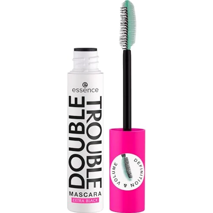 essence DOUBLE TROUBLE MASCARA EXTRA BLACK, Schwarz, 2in1-Bürste für Volumen und Schwung, intensiv, vegan, 12ml – Bild 2
